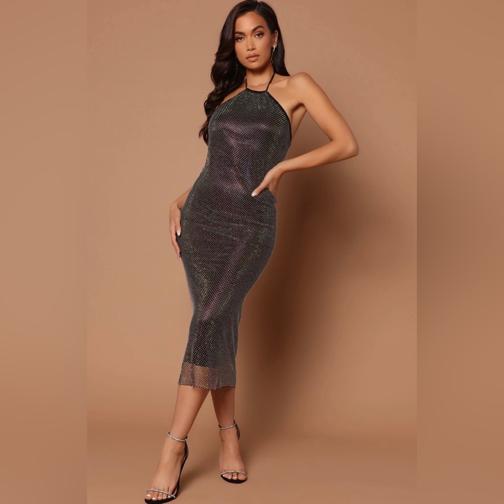Krystal Rhinestone Midi Dress - Black